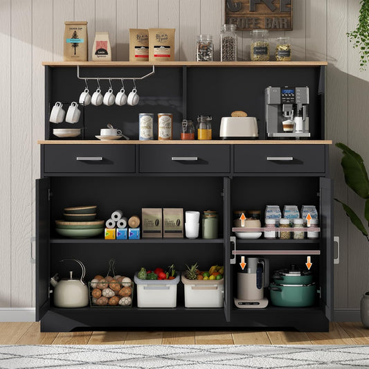 Buffet Cabinets with 3 Drawers, Farmhouse Sideboard Storage Cabinet with Goblet Holder, Large Coffee Bar with 3 Doors, Wood Buffet Table with Adjustable Shelf for Kitchen, Dining Room