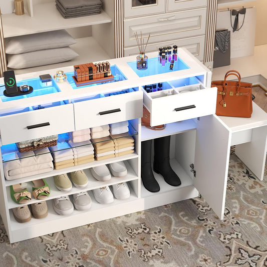 Wardrobe Armoire Closet with Charging & LED Light,Walk-in Closet Island Dresser with Glass Showcase,3 Drawers & Doors, Modern Storage Display Cabinet with Bench for Bedroom,Fitting Room & Shops(White)