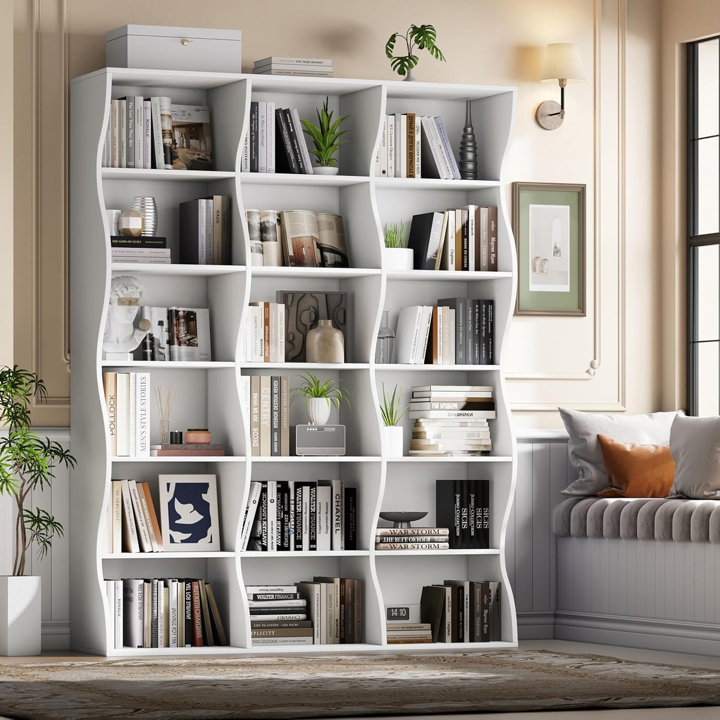 71" Triple Wide Bookshelf, 6 Tier Tall Bookcase with Storage, Large Book Shelves with 18 Open Display Shelves, White Bookcase for Living Room, Study, Home Office, Library (White)