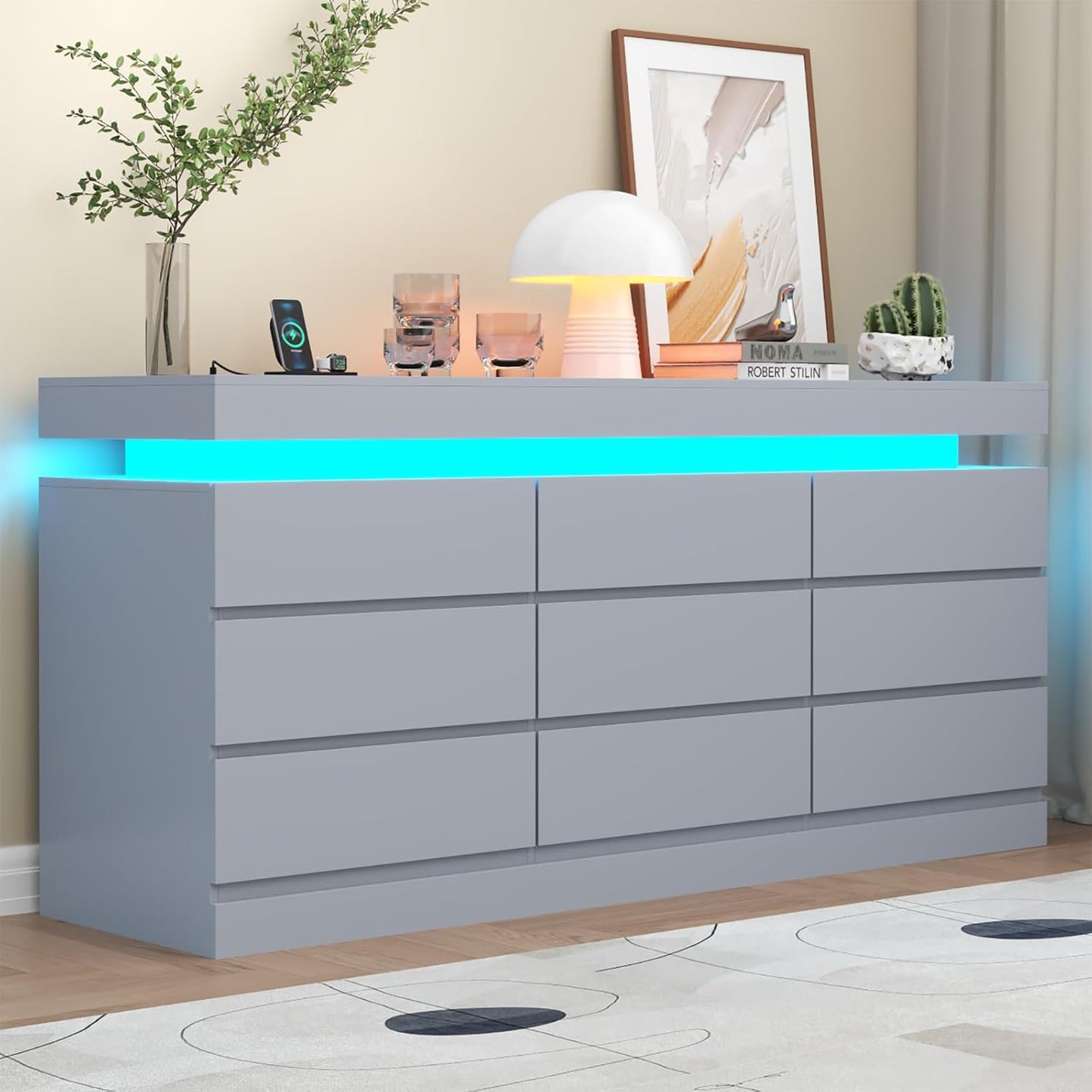 Drawer Dresser with Power Outlet, Dresser with LED Light, Modern Chest of Drawers for Closet (Grey)