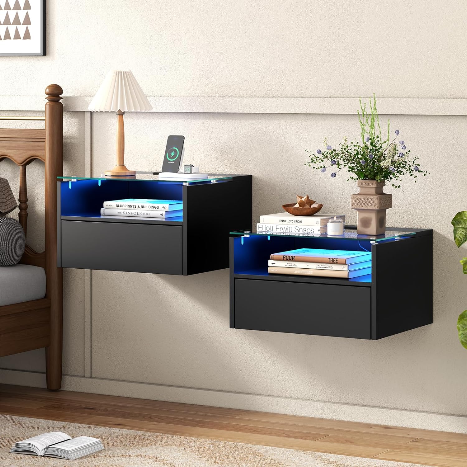 Floating Nightstand with Charging Station, Floating Night Stand with Charging Station and LED, Night Stand for Living Room, Entryway Wall, Bedroom White Nightstand