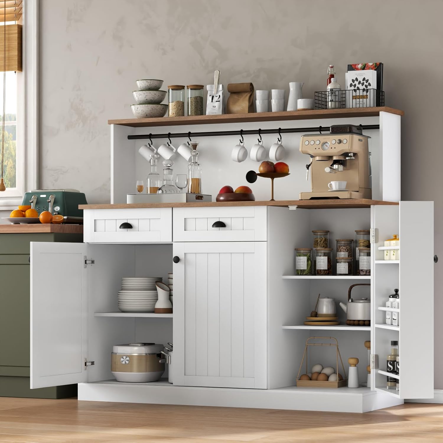 Sideboard Buffet Cabinet with 2 Drawers & 3 Doors, Farmhouse Kitchen Pantry with Adjustable Shelves