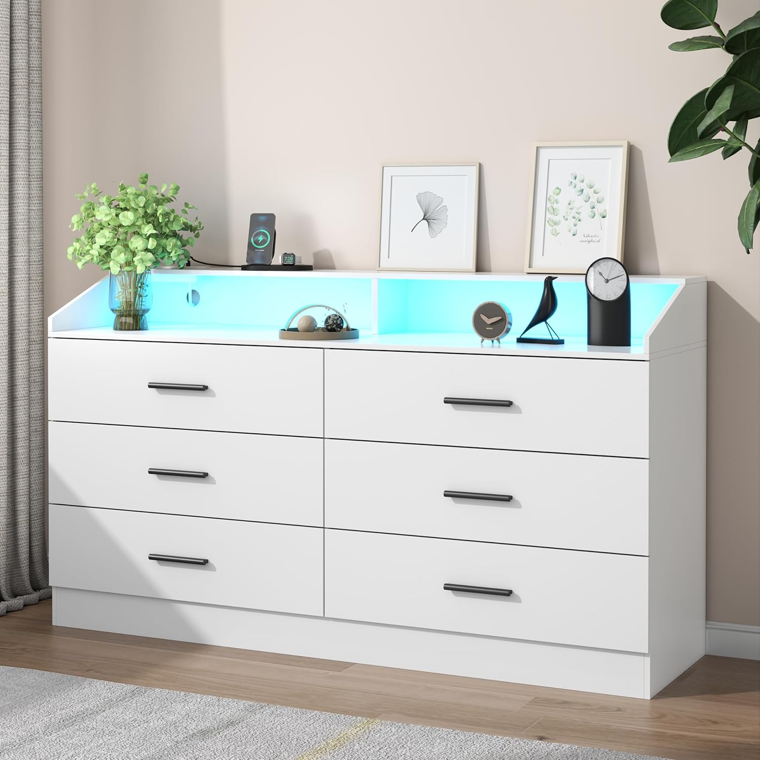 Gyfimoie Modern 6 Drawer Double Dresser with Power Outlet & LED Light