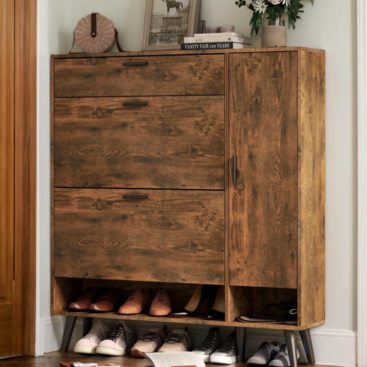 Shoe Cabinet with 3 Flip Drawers & Side Cabinet and Adjustable Shelves