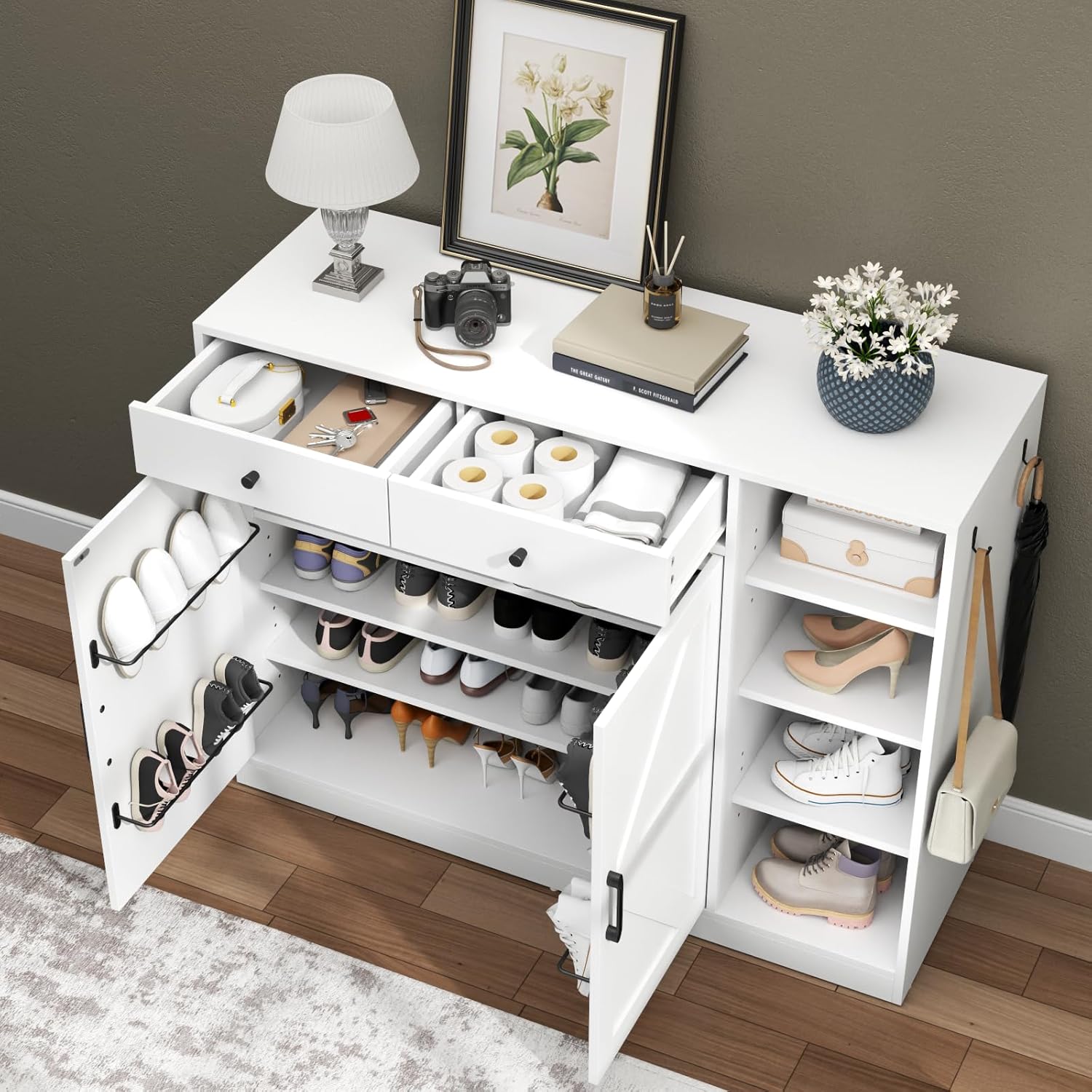 5-Tier Shoe Cabinet with 4 Side Cubbies, Farmhouse Shoe Rack Cabinet with 6 Adjustable Shelves & 2 Drawers