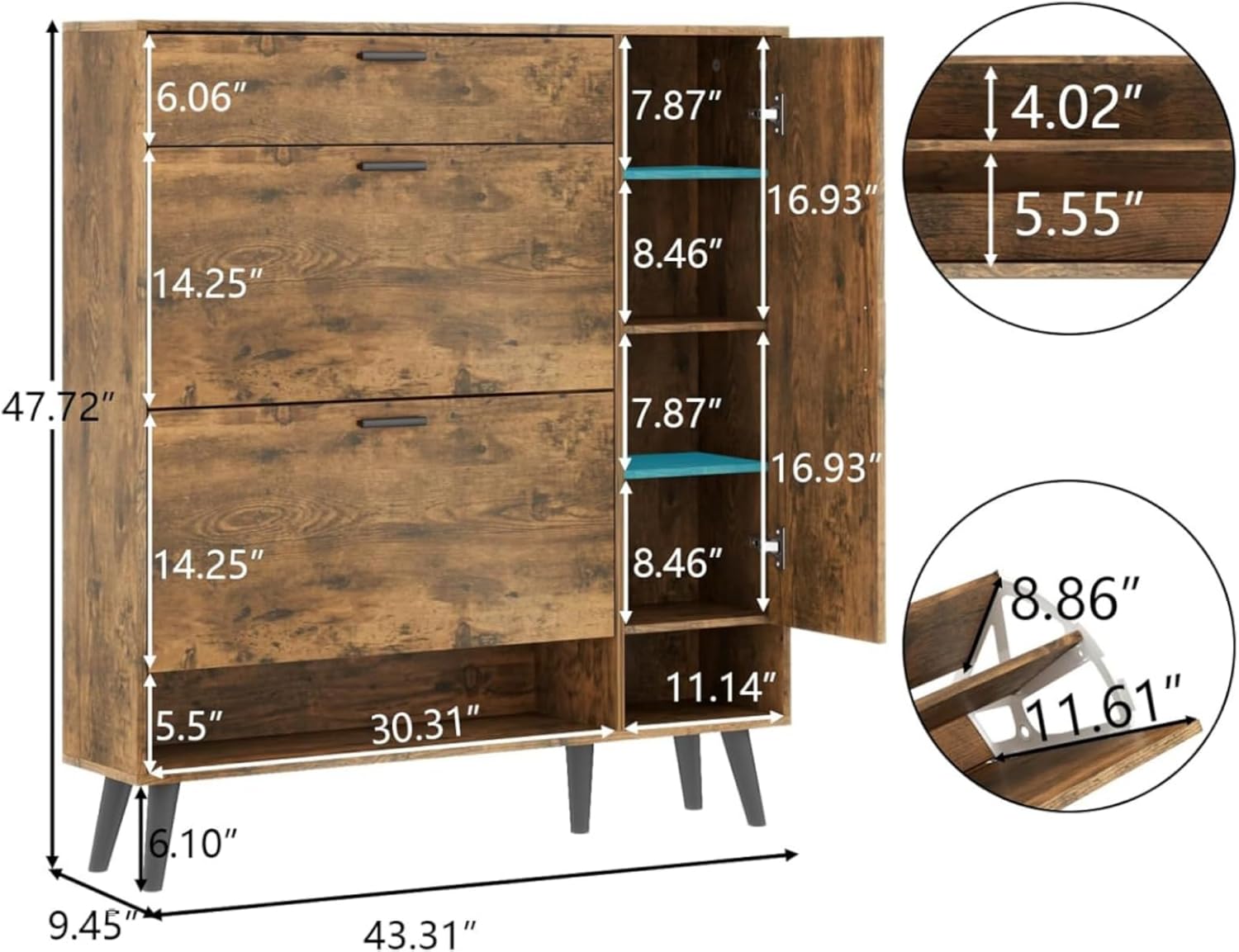 Shoe Cabinet with 3 Flip Drawers & Side Cabinet and Adjustable Shelves