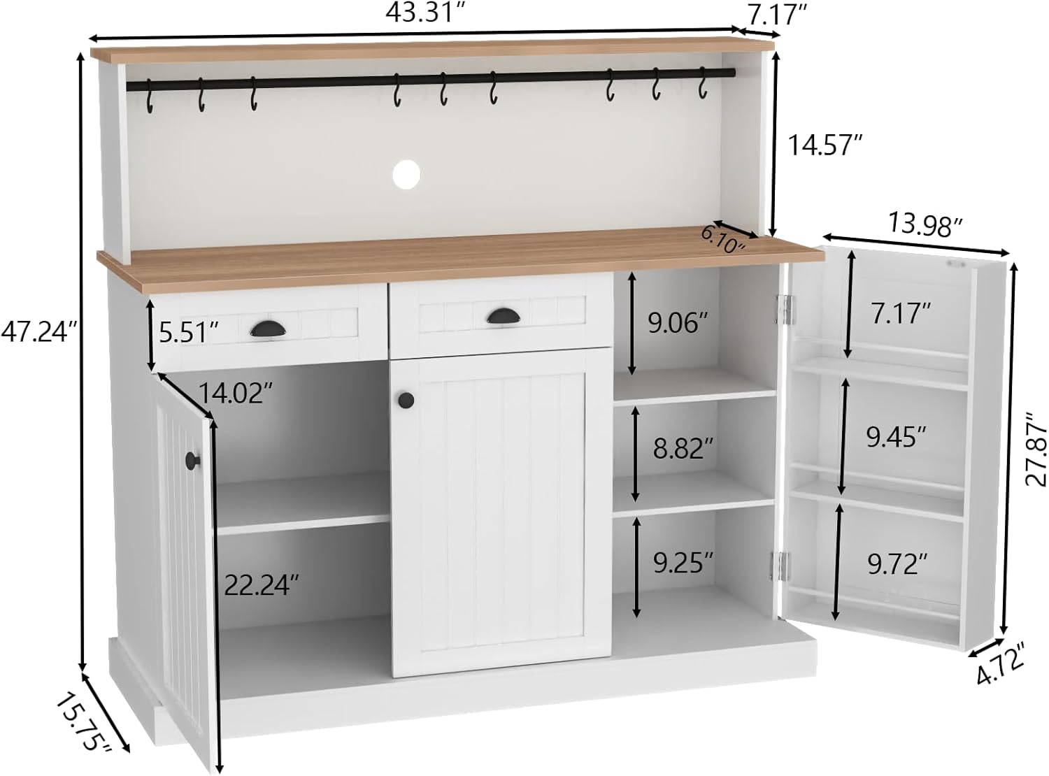 Sideboard Buffet Cabinet with 2 Drawers & 3 Doors, Farmhouse Kitchen Pantry with Adjustable Shelves