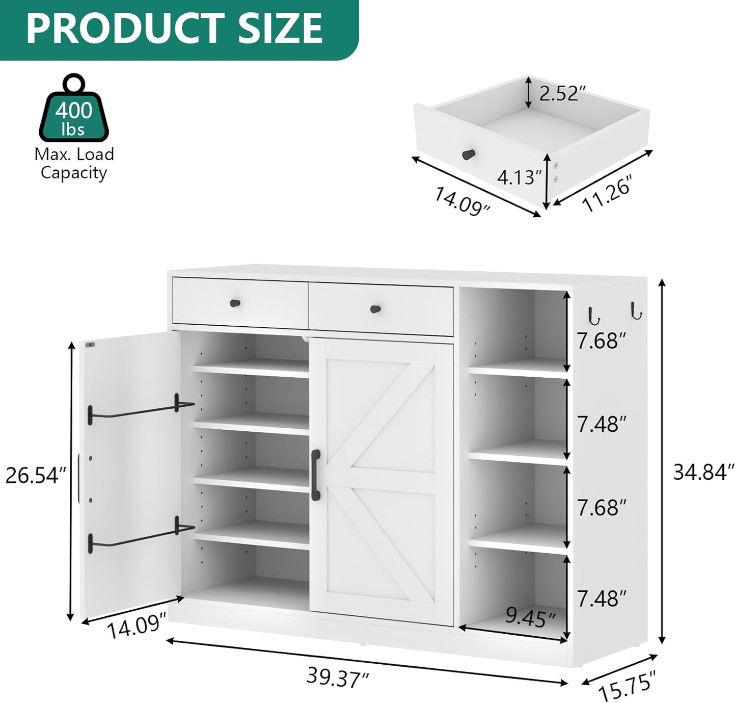 5-Tier Shoe Cabinet with 4 Side Cubbies, Farmhouse Shoe Rack Cabinet with 6 Adjustable Shelves & 2 Drawers