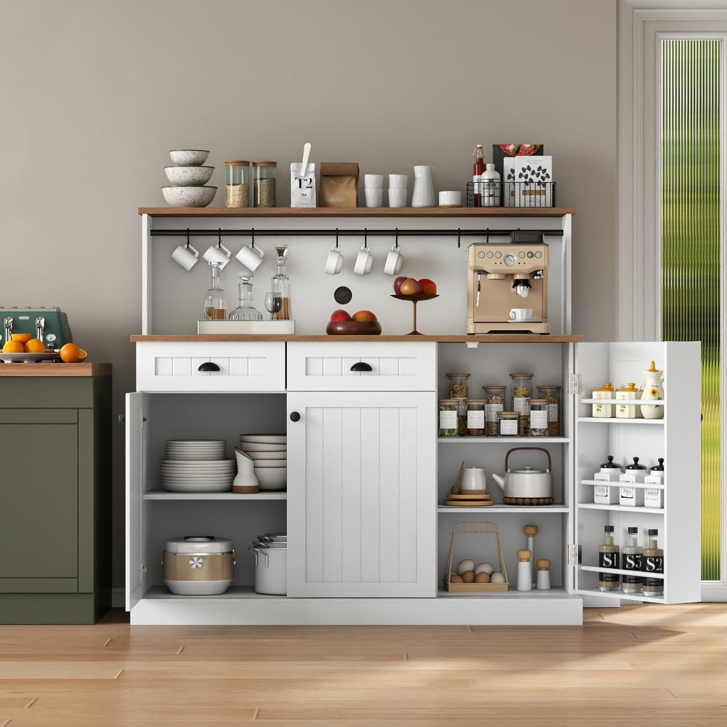 Sideboard Buffet Cabinet with 2 Drawers & 3 Doors, Farmhouse Kitchen Pantry with Adjustable Shelves