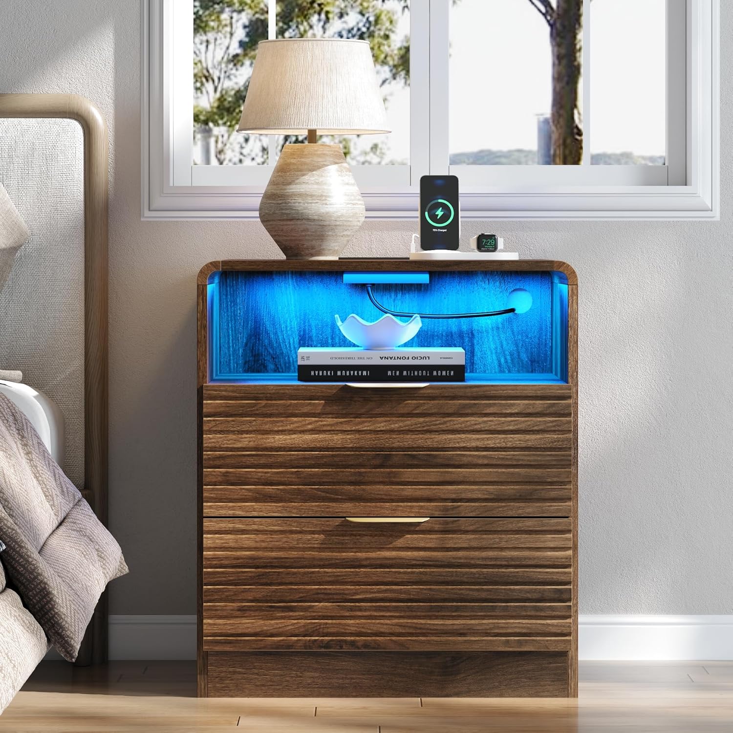 Fluted Nightstand with Charging Station & LED Lights, 2-Drawer White Bedside Table with Open Shelf