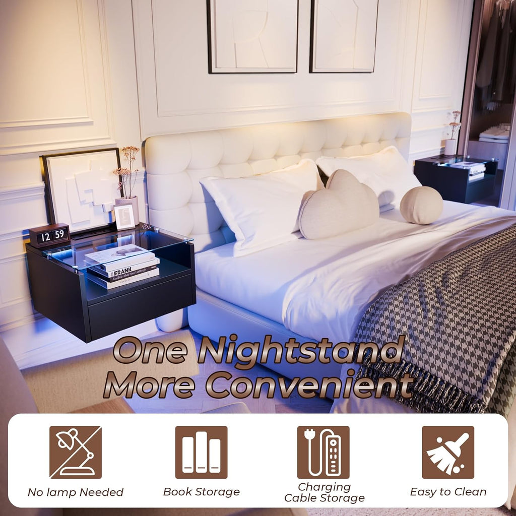 Floating Nightstand with Charging Station, Floating Night Stand with Charging Station and LED, Night Stand for Living Room, Entryway Wall, Bedroom White Nightstand
