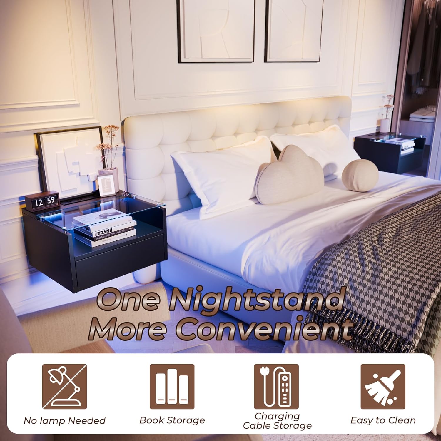 Floating Nightstand with Charging Station, Floating Night Stand with Charging Station and LED, Night Stand for Living Room, Entryway Wall, Bedroom White Nightstand