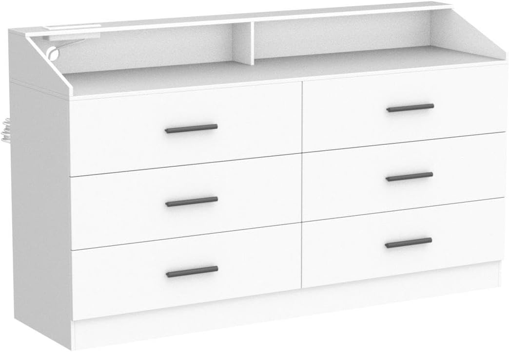Gyfimoie Modern 6 Drawer Double Dresser with Power Outlet & LED Light