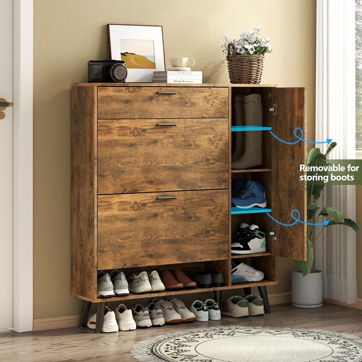 Shoe Cabinet with 3 Flip Drawers & Side Cabinet and Adjustable Shelves