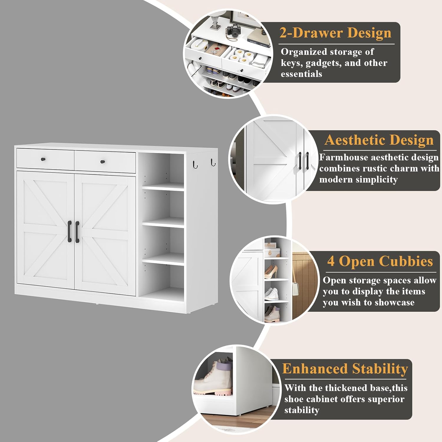 5-Tier Shoe Cabinet with 4 Side Cubbies, Farmhouse Shoe Rack Cabinet with 6 Adjustable Shelves & 2 Drawers