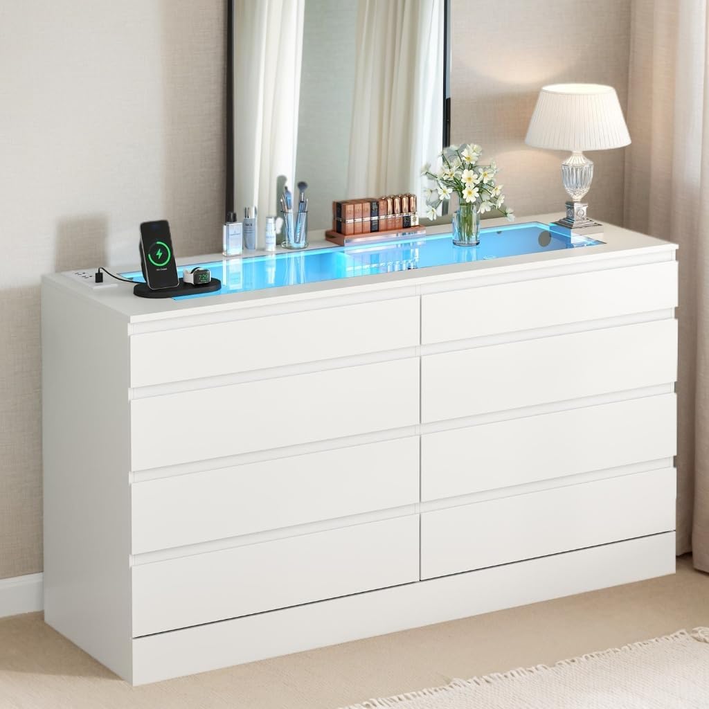 8 Drawer Dresser with Glass Top & Power Outlet, White Dresser for Bedroom with LED Light, Modern Chest of Drawer Double Wide Drawers Organizer Cabinet for Bedroom, Living Room (White)