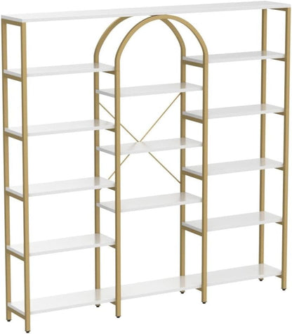 Triple Wide Gold Bookshelf, 70.87" W x 71.34" H Large Modern Etagere Bookcase, Tall Display Shelf with 13-Tier Open Shelves, Freestanding Staggered Storage Shelf for Home Office (White/Gold)
