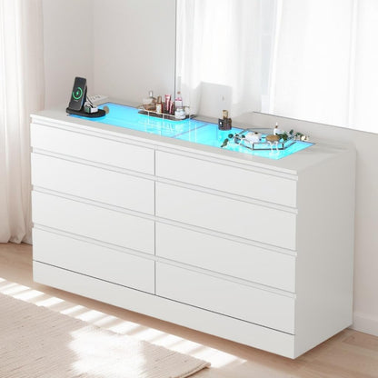 8 Drawer Dresser with Glass Top & Power Outlet, White Dresser for Bedroom with LED Light, Modern Chest of Drawer Double Wide Drawers Organizer Cabinet for Bedroom, Living Room (White)