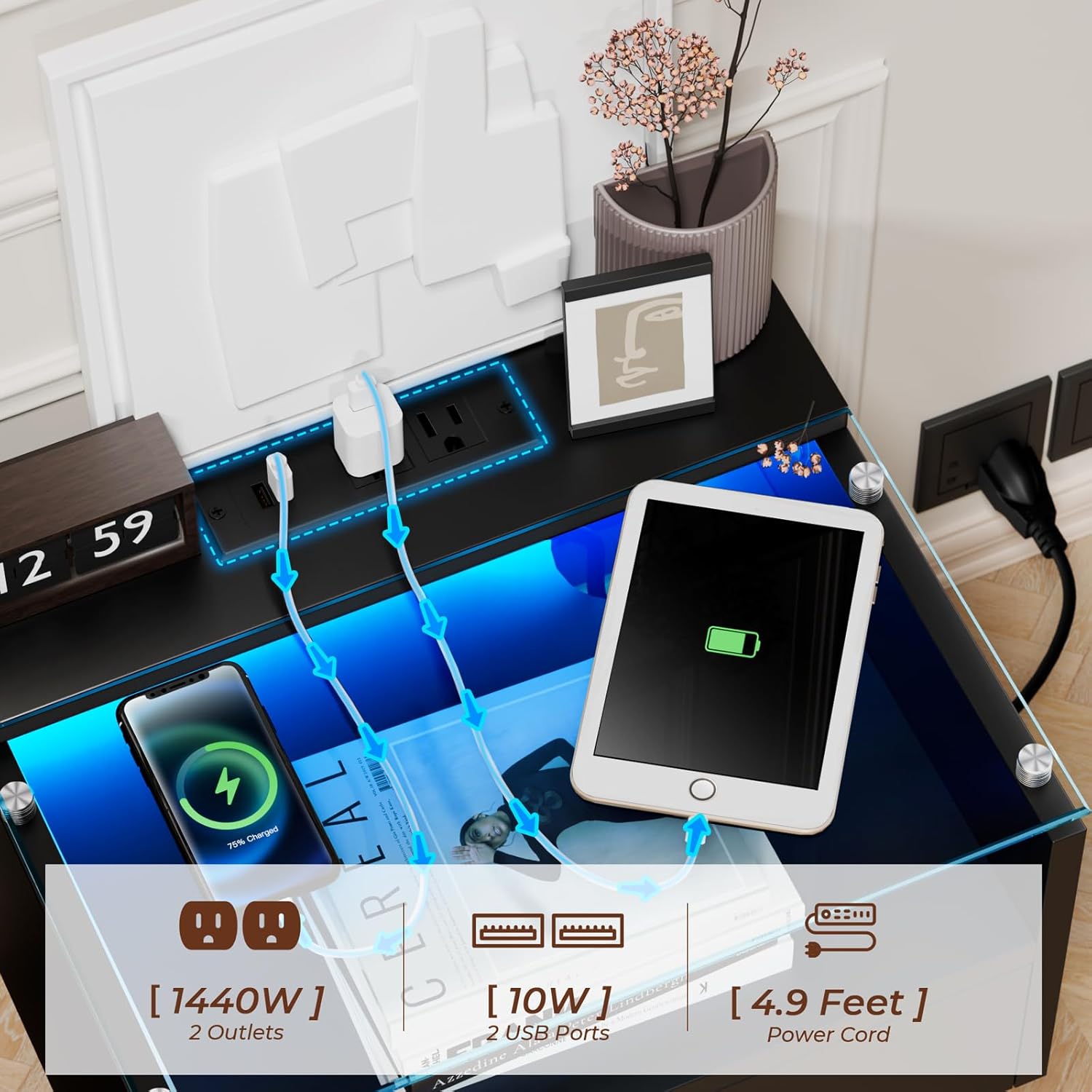 Floating Nightstand with Charging Station, Floating Night Stand with Charging Station and LED, Night Stand for Living Room, Entryway Wall, Bedroom White Nightstand