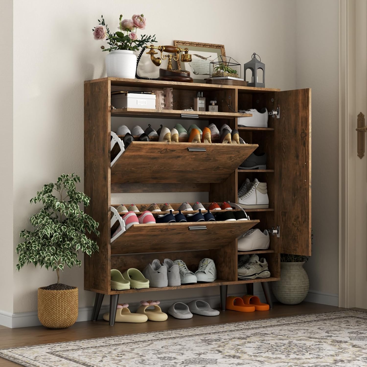 Shoe Cabinet with 3 Flip Drawers & Side Cabinet and Adjustable Shelves