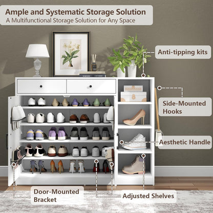 5-Tier Shoe Cabinet with 4 Side Cubbies, Farmhouse Shoe Rack Cabinet with 6 Adjustable Shelves & 2 Drawers