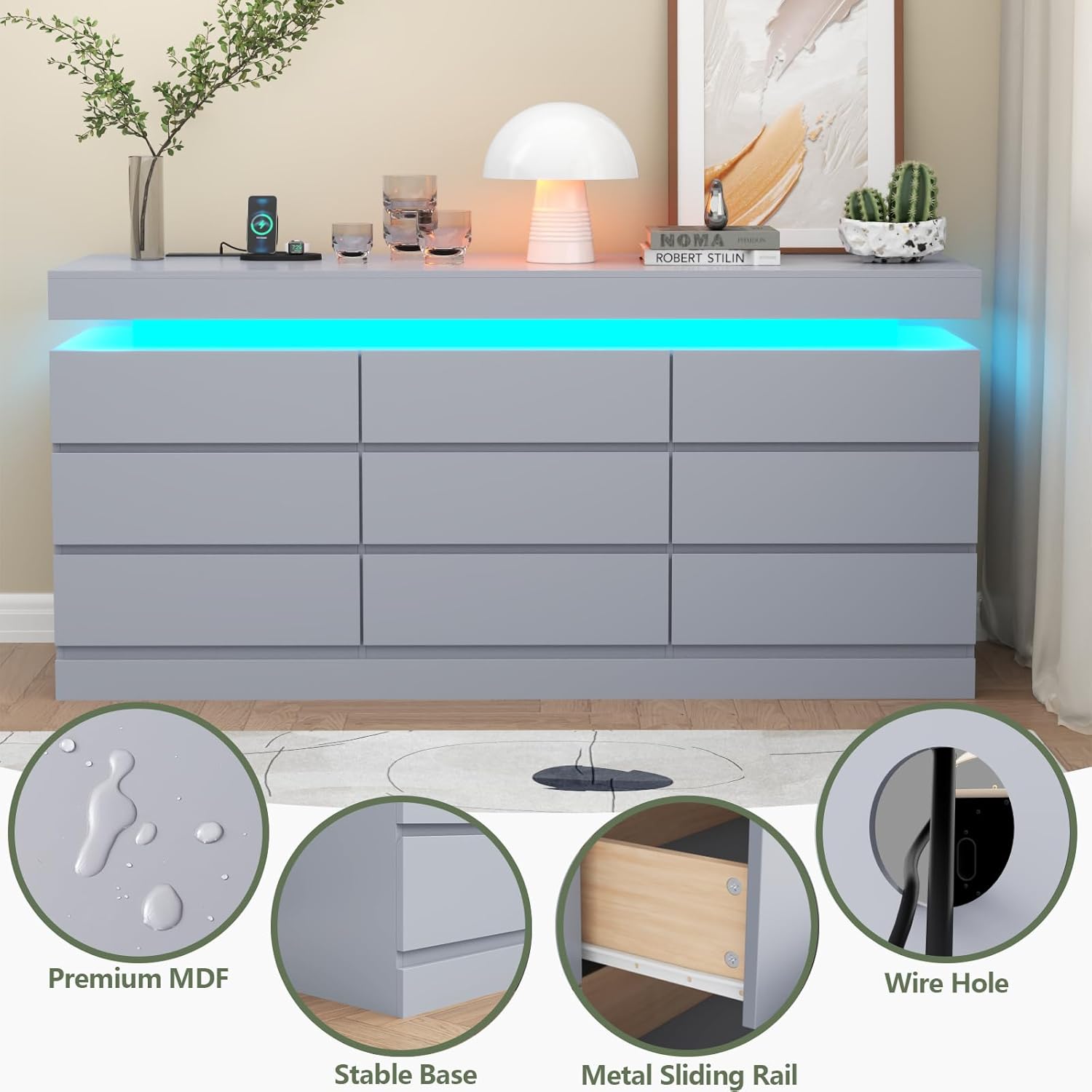 6 Drawer Dresser with Power Outlet, Dresser with LED Light, Modern Chest of Drawers for Closet, Double Wide Drawer Organizer Cabinet for Bedroom, Living Room (Black, 6 Drawers)
