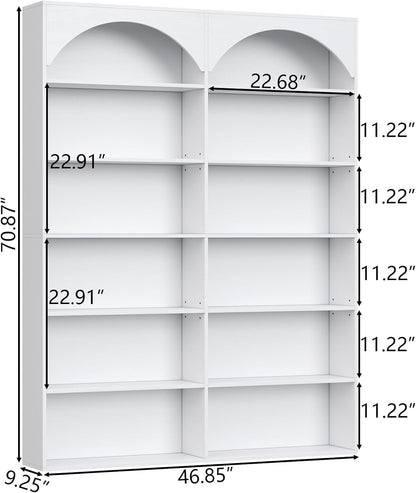 70.8’’ Tall Bookshelf and Bookcase of 2 pcs, 7-Tier Double Wide Bookcase Modern Large Open Display Shelves with Curved Baffle for Home Office Living Room (White-2pcs)
