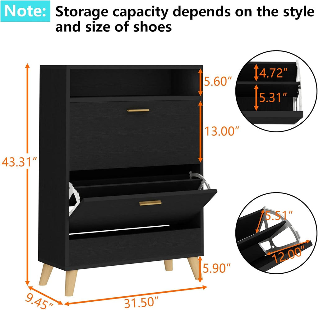 Shoe Storage Cabinets, 16 Pairs Free Standing Shoe Organizer with 2 Flip Drawers for Entryway, Narrow 3 Tier Entryway Hidden Shoe Rack with Doors (Black)