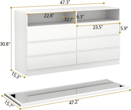 Dresser for Bedroom with Full Length Mirror 48"x16", White Storage Cabinet with Power Outlet, 6 Drawer Dresser with LED Light, Modern Dressers with Charging Station(White)