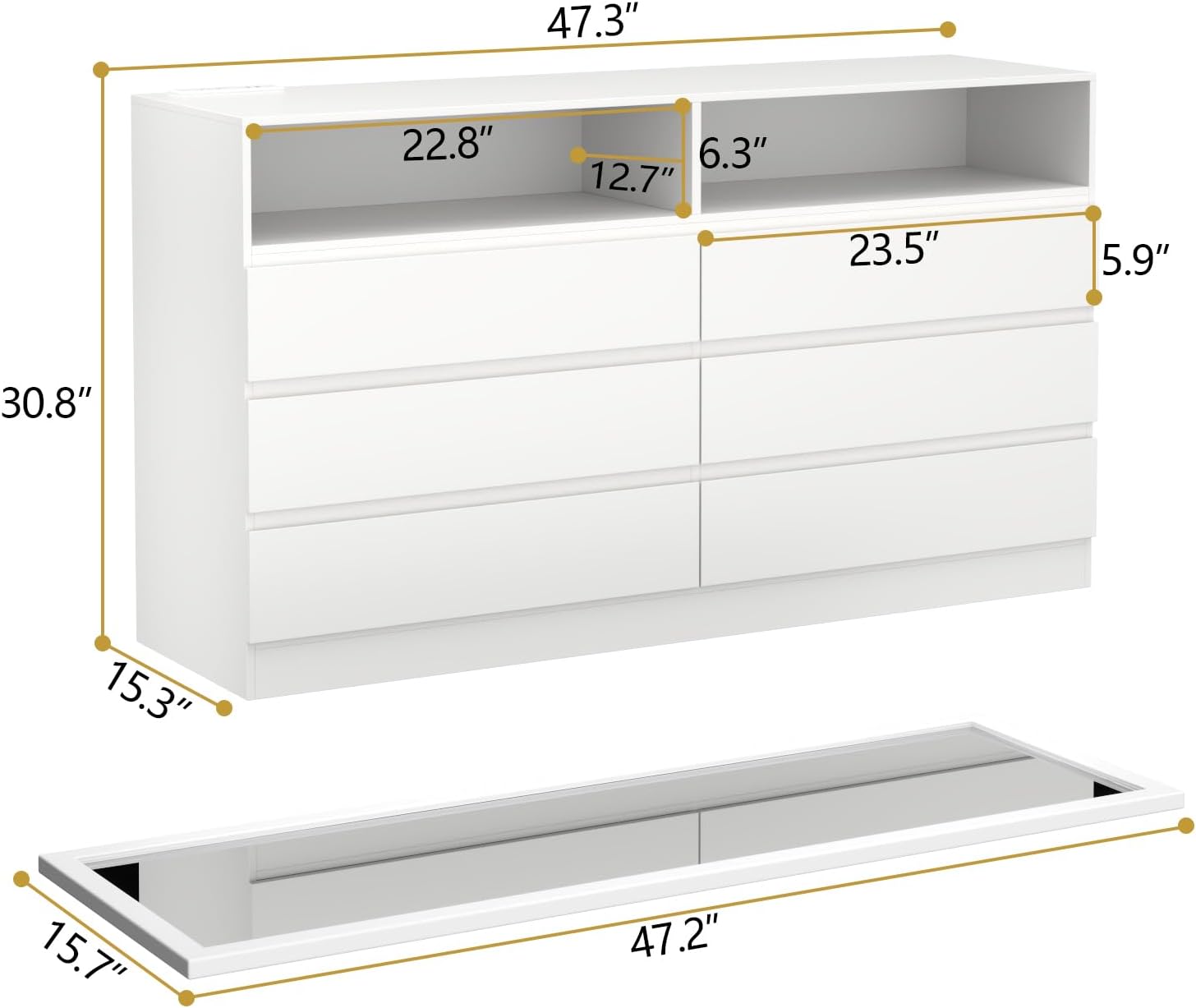 6 Drawer Dresser with Mirror for Bedroom, Accent Chests of Drawers with LED Light and Power Outlet, White 6 Dresser with Charging Station and 47"x15.7" Full Length Mirror (White)