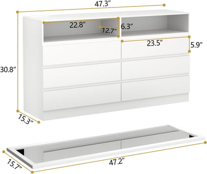 6 Drawer Dresser with Mirror for Bedroom, Accent Chests of Drawers with LED Light and Power Outlet, White 6 Dresser with Charging Station and 47"x15.7" Full Length Mirror (White)