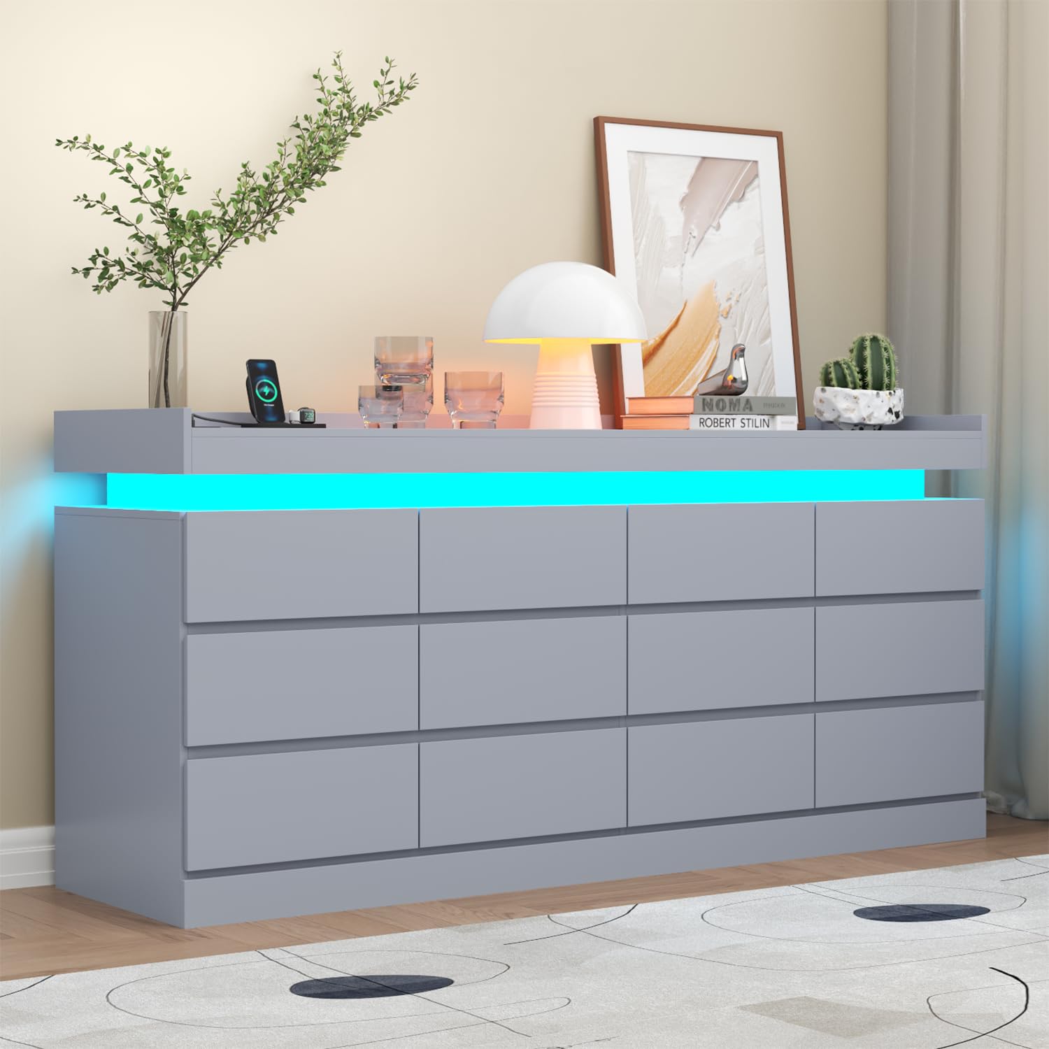 12 Drawer Dresser with Power Outlet, Dresser with LED Light, Modern Chest of Drawers for Closet, Double Wide Drawer Organizer Cabinet for Bedroom, Living Room (Black, 12 Drawers)