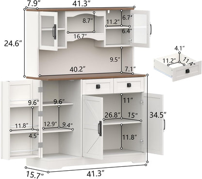 60" Tall Farmhouse Kitchen Pantry Storage Cabinet,Kitchen Hutch with Microwave Stand,Freestanding Buffet Pantry Cabinet with Glass Door and Adjustable Shelves for Dining Room (White)