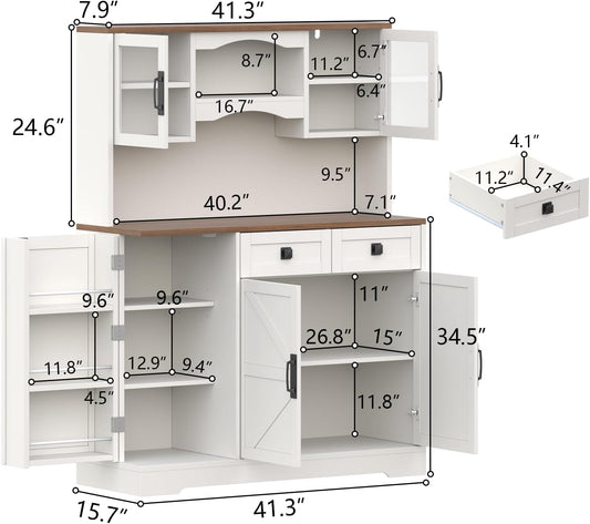 60" Tall Farmhouse Kitchen Pantry Storage Cabinet,Kitchen Hutch with Microwave Stand,Freestanding Buffet Pantry Cabinet with Glass Door and Adjustable Shelves for Dining Room (White)