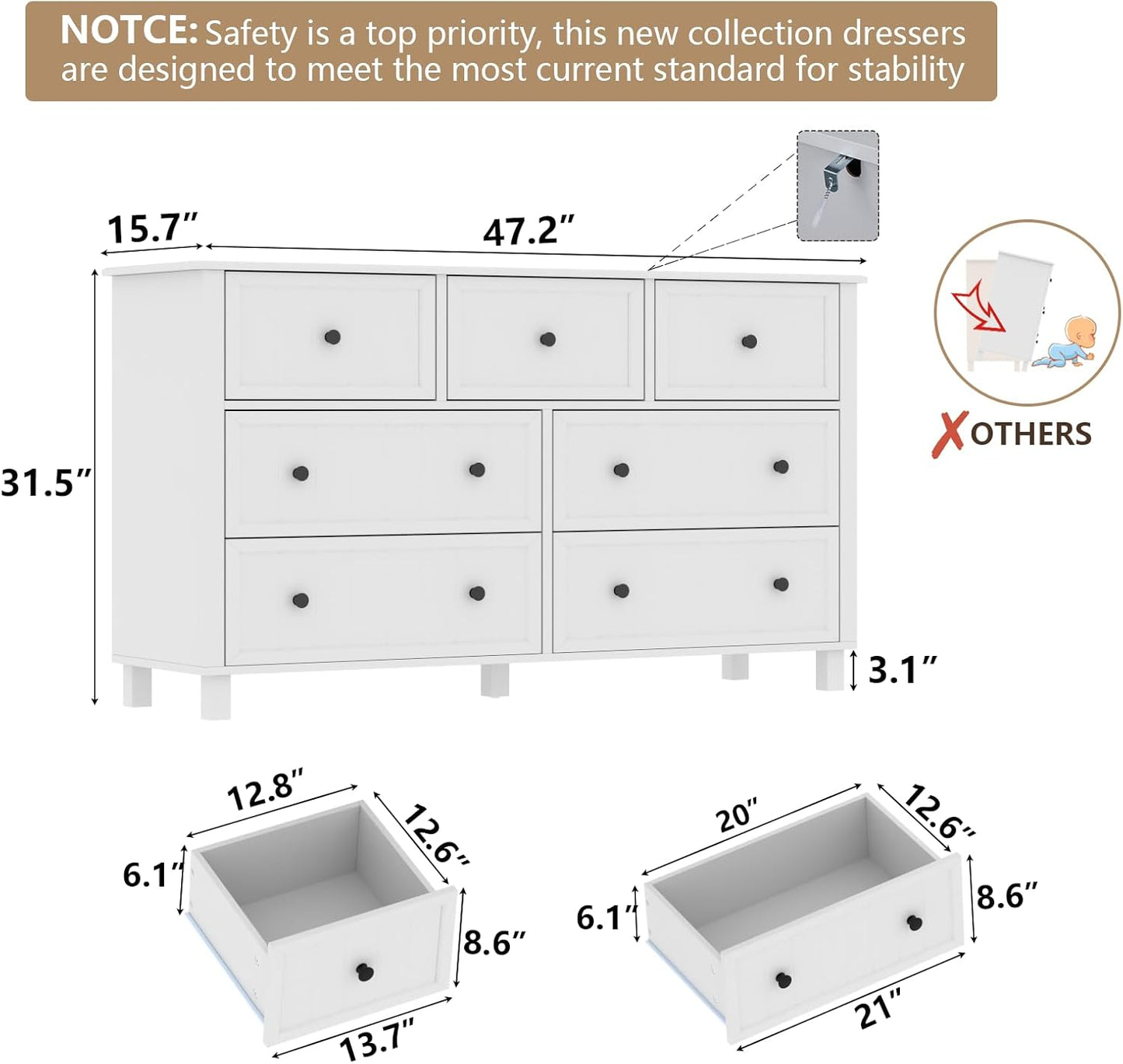 Farmhouse 7 Drawers Dresser for Bedroom, White Dresser Chest of Drawers, Wood Storage Dressers with Deep Drawers and Metal Handle, Wide Modern Dressers & TV Stand for Living Room, Closet, Hallway