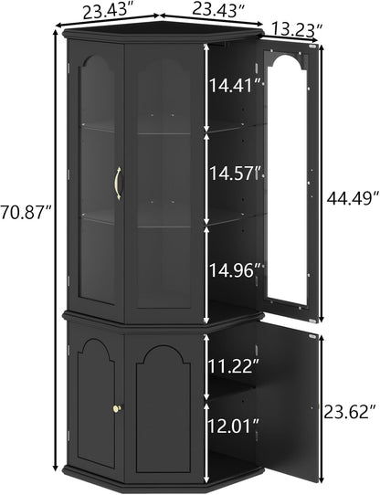 Corner Bar Cabinet w/LED Lights, Tall Modern Wine Cabinet with Tempered Glass Door & Adjustable Shelves, Home Bar Liquor Storage Cabinet with Glass Rack for Living Room, Dining Room (Black)