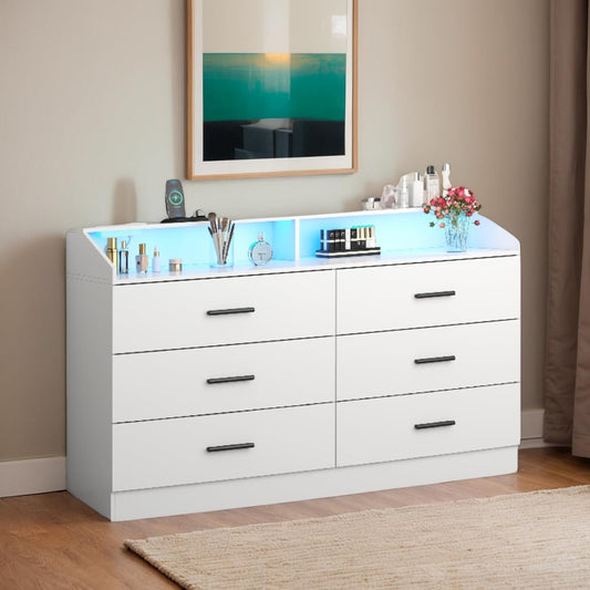 White Dresser for Bedroom, 6 Drawer Dresser with Charging Station, Chests of Drawers with LED Lights, Modern Double Dresser, Storage Cabinet with Drawers for Living Room, Hallway