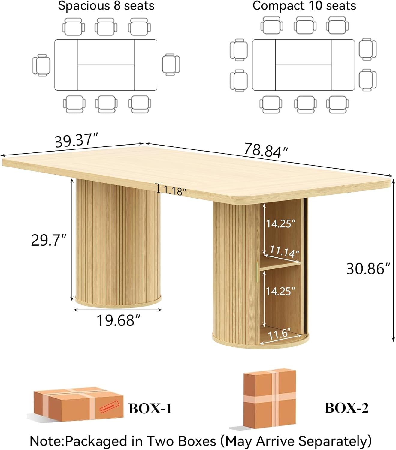 79" Dining Table for 8-10 People, Long Large Kitchen Table with 2-Tier Storage Shelf and Fluted Base, Modern Farmhouse Dinner Tables for Dining Room Kitchen,Living Room,Office (Natural)