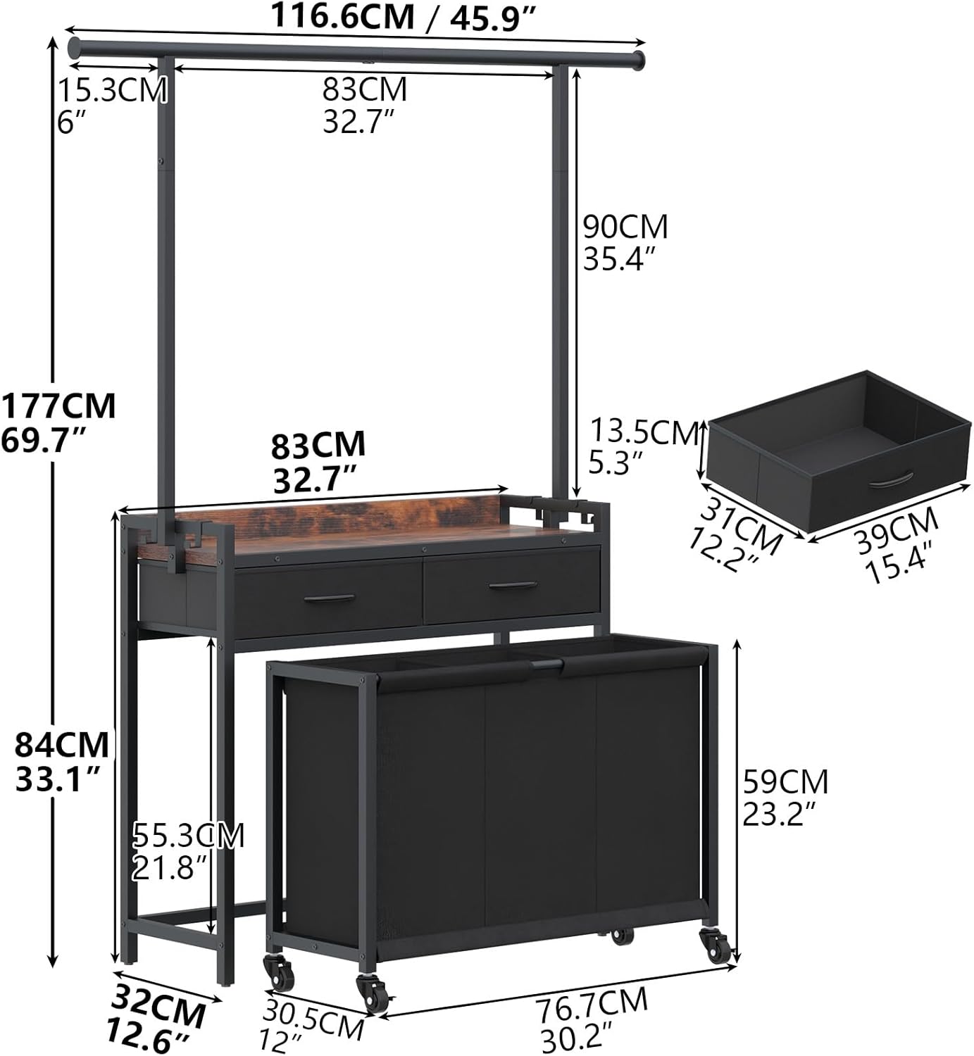 Laundry Sorter Hamper with Hanging Cloth Rack, Laundry Basket with 3 Section Pull-Out Rolling Bags, Laundry Sorter for Organization and Storage with 2 Drawers for Laundry Room (Vinatge Brown)