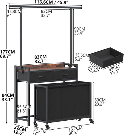 Laundry Sorter Hamper with Hanging Cloth Rack, Laundry Basket with 3 Section Pull-Out Rolling Bags, Laundry Sorter for Organization and Storage with 2 Drawers for Laundry Room (Vinatge Brown)