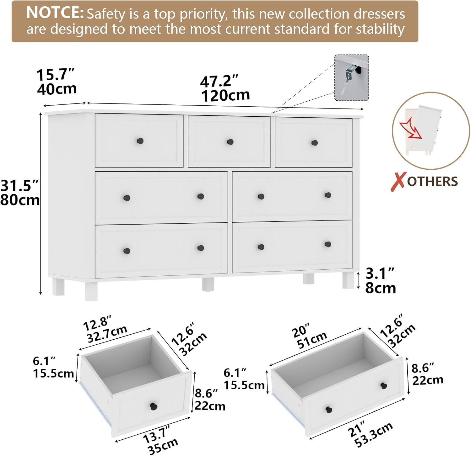 White Dresser for Bedroom, Farmhouse 7 Drawers Dresser with Deep Drawers, Wood Dressers Chest of Drawers with Metal Handles, Wide Modern Dressers Large TV Stand for Living Room, Closet, Hallway