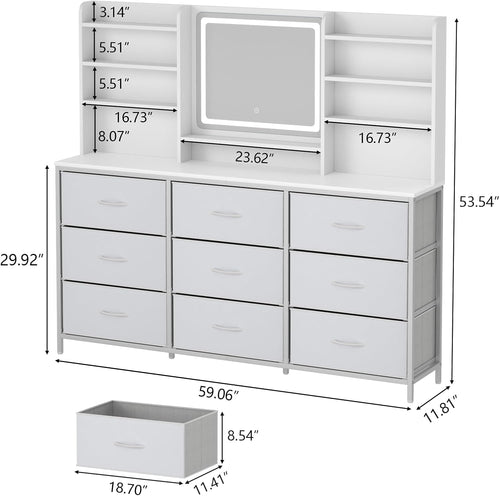 Dresser with Mirror for Bedroom, 59" W Chest of Drawers with LED Mirror, White Dresser with 9 Large Fabric Drawers, Modern Makeup Table Vanity Desk with 6 Storage Shelves, 3 Lighting Modes