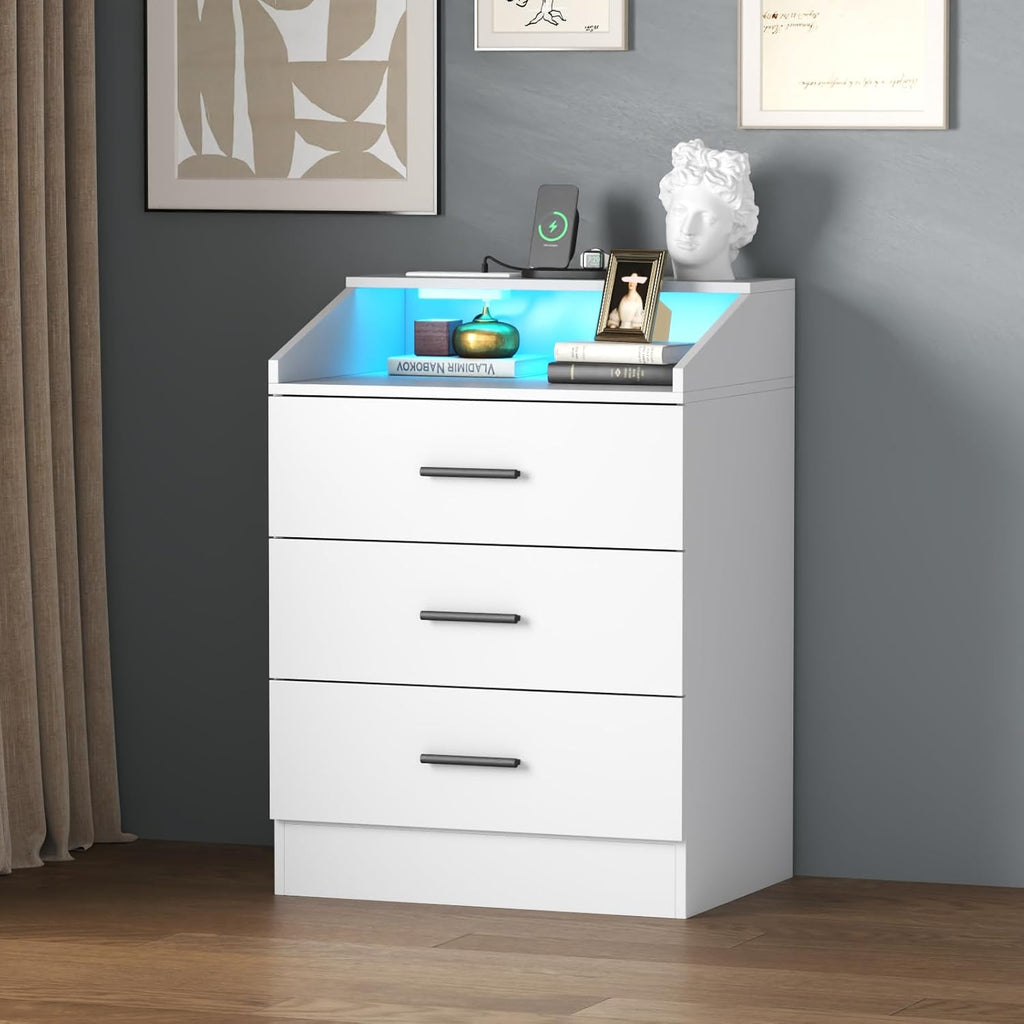 3 Drawer Dresser for Bedroom with Power Outlet, White Dresser with LED Light, Modern Dressers with Open Storage Cubby, Chest of Drawers Storage Organizer for Hallway, Living Room (White)…