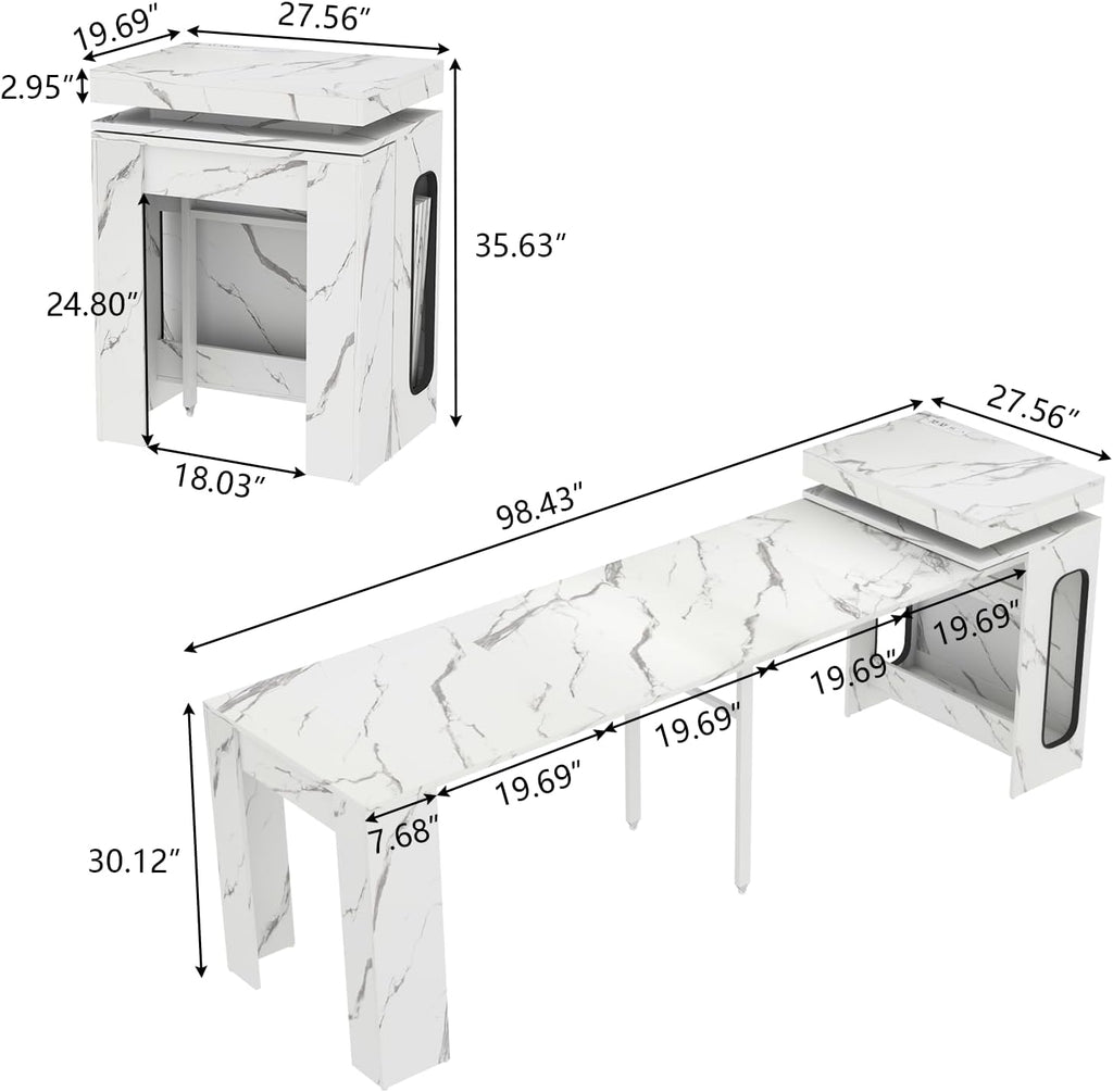 Extendable Dining Table with Charging Station & LED Lights, 19.7" to 98.4" White Faux Marble Dining Table, Rectangle Console Table for 2-8, Modern Space Saving Kitchen Island Table (No Chairs)