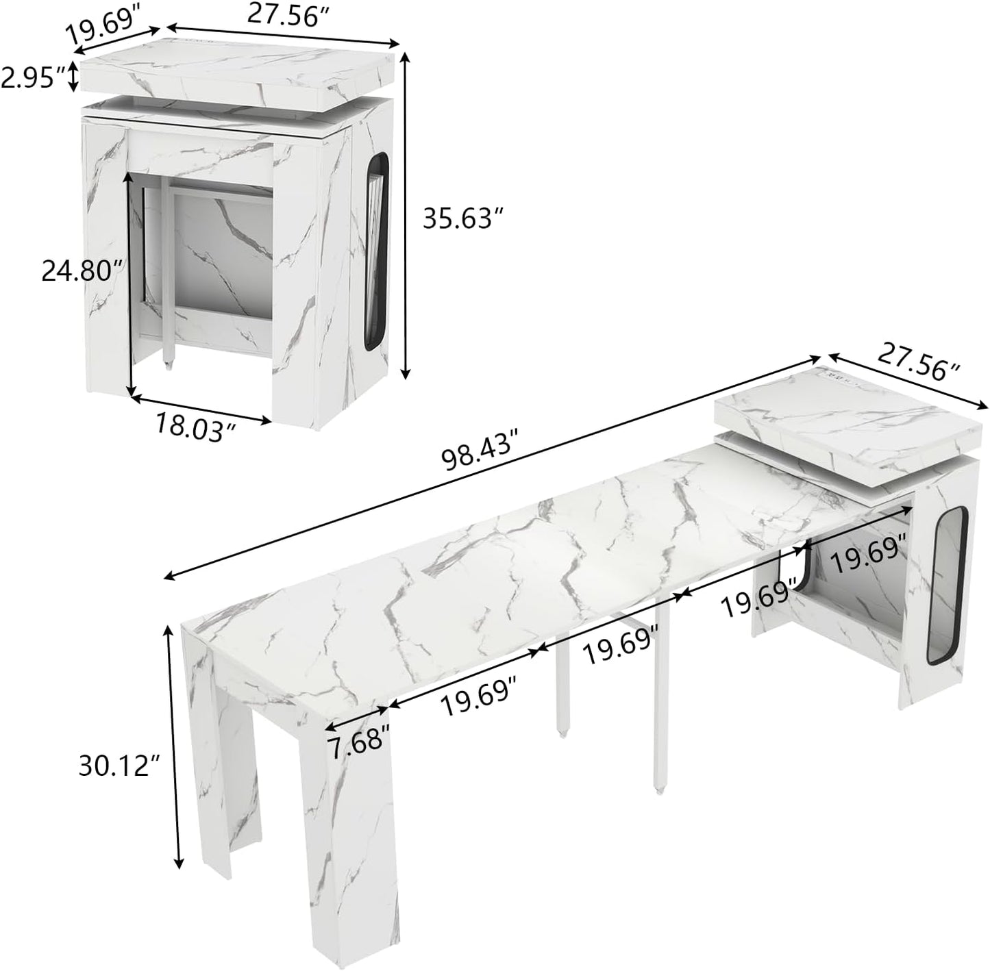 Extendable Dining Table with Charging Station & LED Lights, 19.7" to 98.4" White Faux Marble Dining Table, Rectangle Console Table for 2-8, Modern Space Saving Kitchen Island Table (No Chairs)