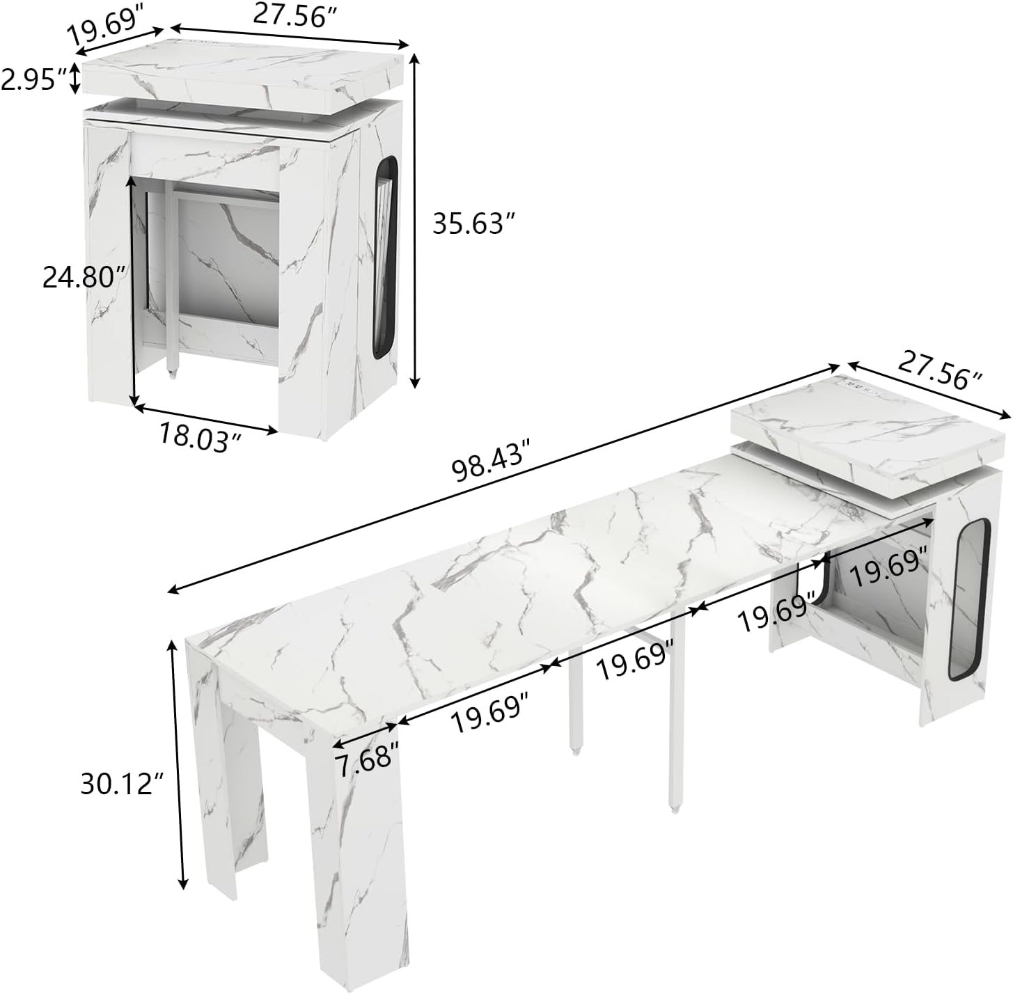 Extendable Dining Table with Charging Station & LED Lights, 19.7" to 98.4" White Faux Marble Dining Table, Rectangle Console Table for 2-8, Modern Space Saving Kitchen Island Table (No Chairs)