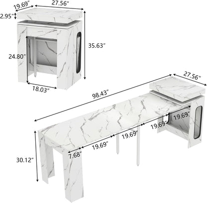 Extendable Dining Table with Charging Station & LED Lights, 19.7" to 98.4" White Faux Marble Dining Table, Rectangle Console Table for 2-8, Modern Space Saving Kitchen Island Table (No Chairs)