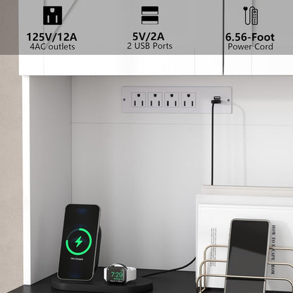 71’’ Farmhouse Kitchen Pantry Cabinet, Tall Storage Cabinet with Power Outlet, Freestanding Hutch with Drawer, 4 Adjustable Shelf & 6 Doors for Kitchen Living Room (White)