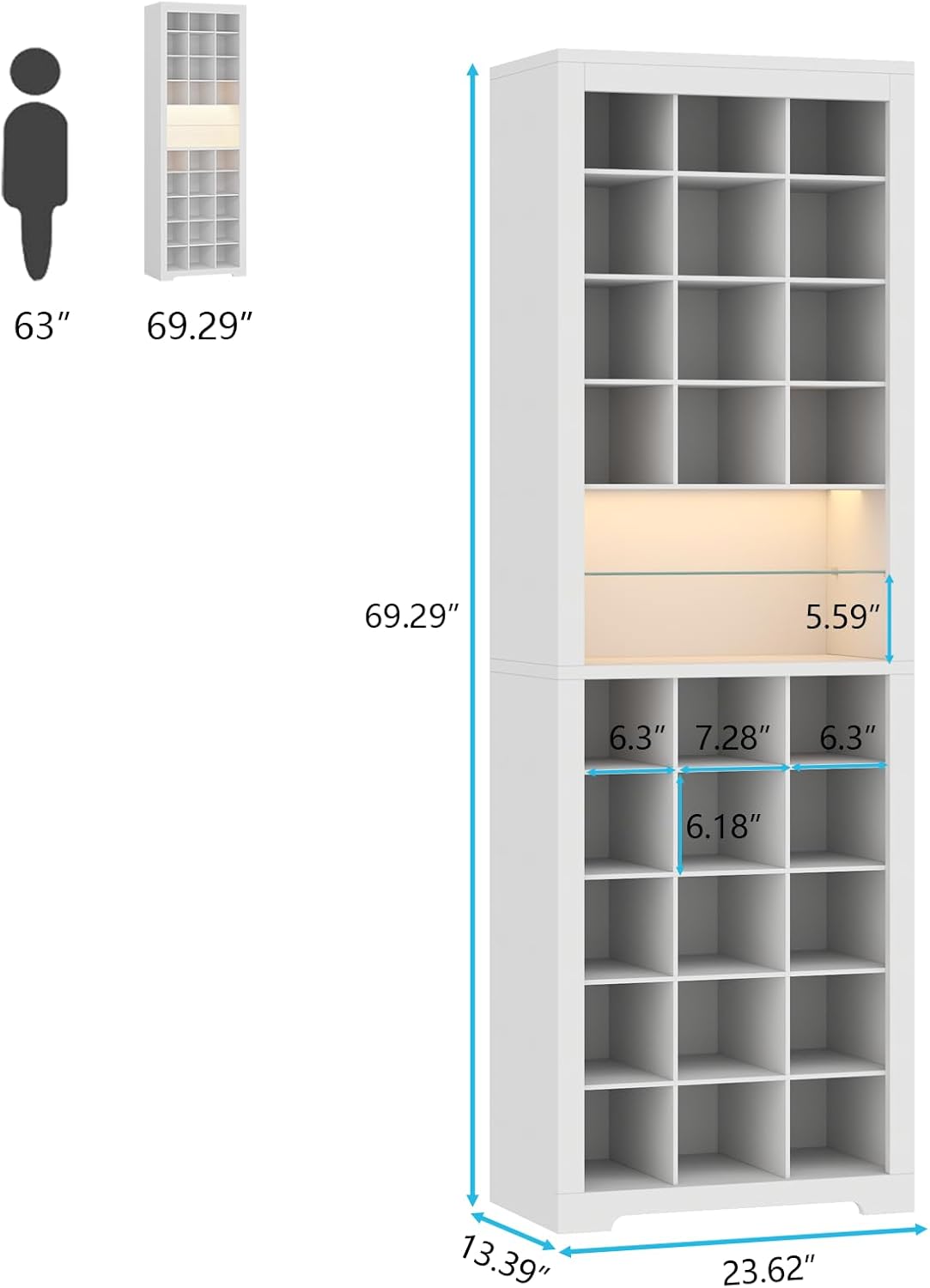 11-Tier Shoe Storage Cabinet, Wooden White Shoe Rack with 27 Cubbies, 69" Tall Free Standing Shoe Organizer with LED Lights & Adjustable Shelf for Entryway, Closet, Display Cabinet for Living Room
