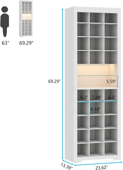 11-Tier Shoe Storage Cabinet, Wooden White Shoe Rack with 27 Cubbies, 69" Tall Free Standing Shoe Organizer with LED Lights & Adjustable Shelf for Entryway, Closet, Display Cabinet for Living Room